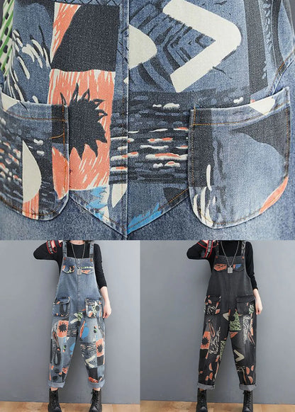 Diy Blue Pockets Print Patchwork Denim Jumpsuit Spring