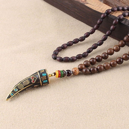 Buddha Stones Tibet Wenge Wood Om Mani Padme Hum Om Symbol Mantra Horn Pattern Protection Necklace Pendant