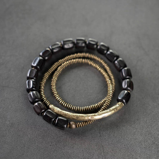 Buddha Stones Peace Tibetan Ebony Wood Beads Copper Multilayered Healing Bracelet