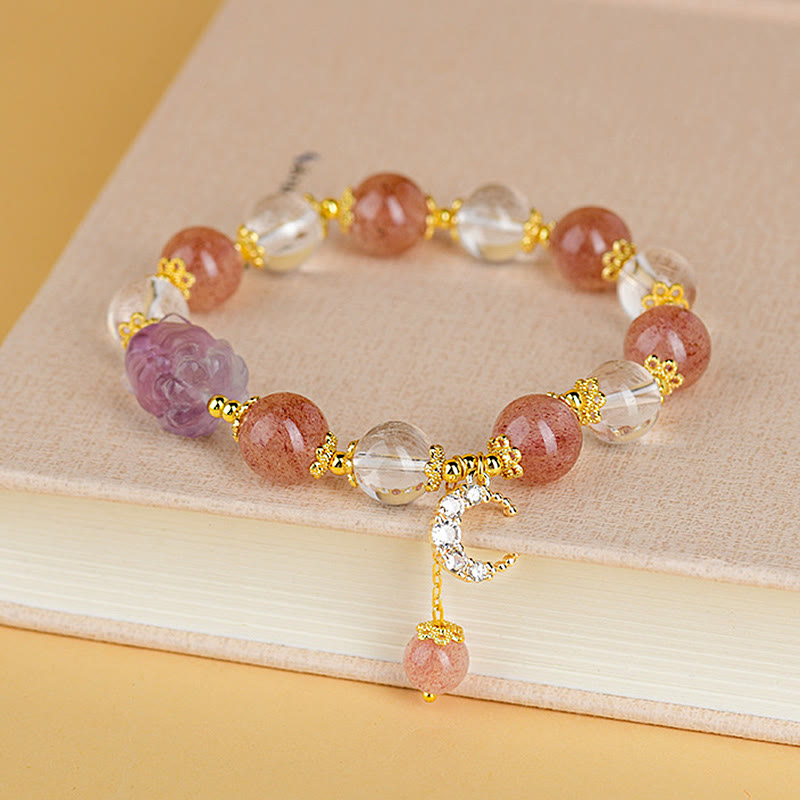 Buddha Stones Natural White Strawberry Quartz Crystal Healing Love Nine Tailed Fox Moon Pendant Bracelet