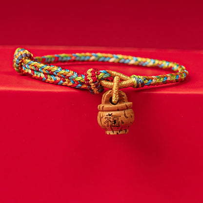 Buddha Stones Peach Wood Fu Character Safe and Well Wealth Bracelet