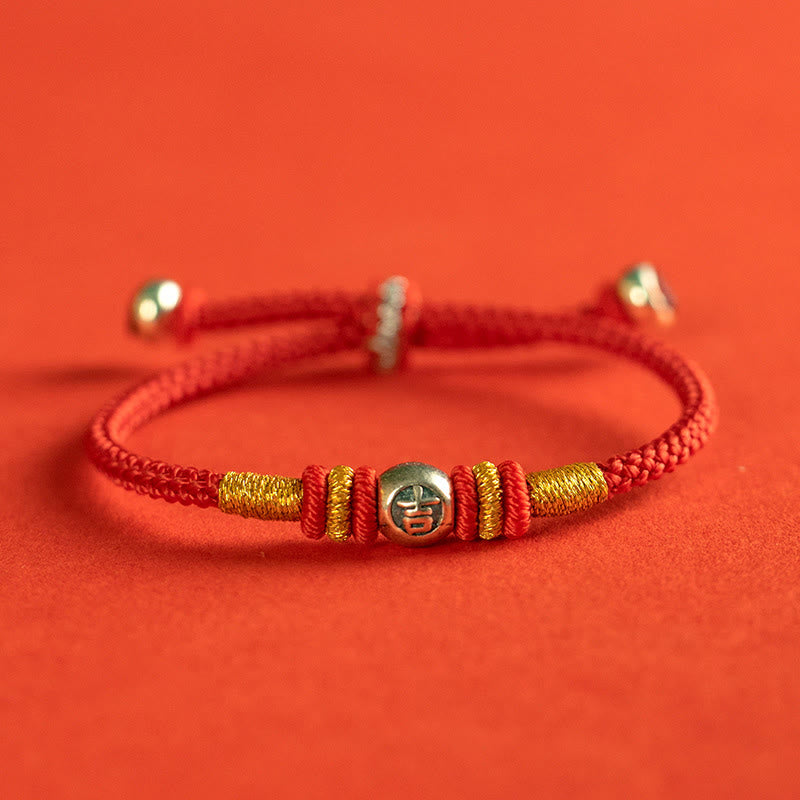 Sterling Silver Red String Protection Bracelet With Chinese Characters