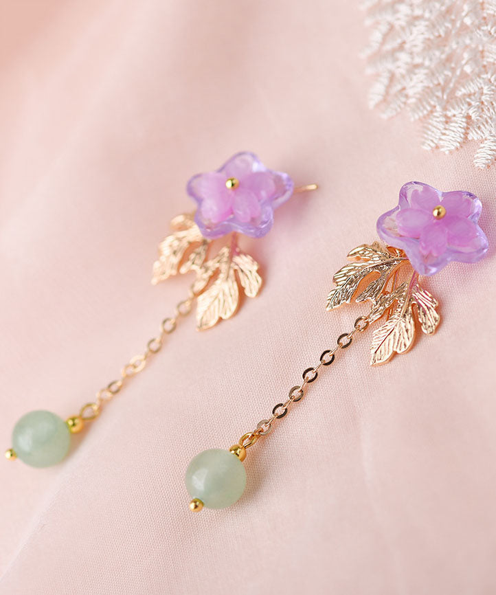 Pink Sun Flower Crystal Fine Jade 14k Gold Tassel Drop Earrings