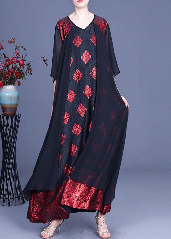 Red Print Patchwork Summer Silk Party Dress