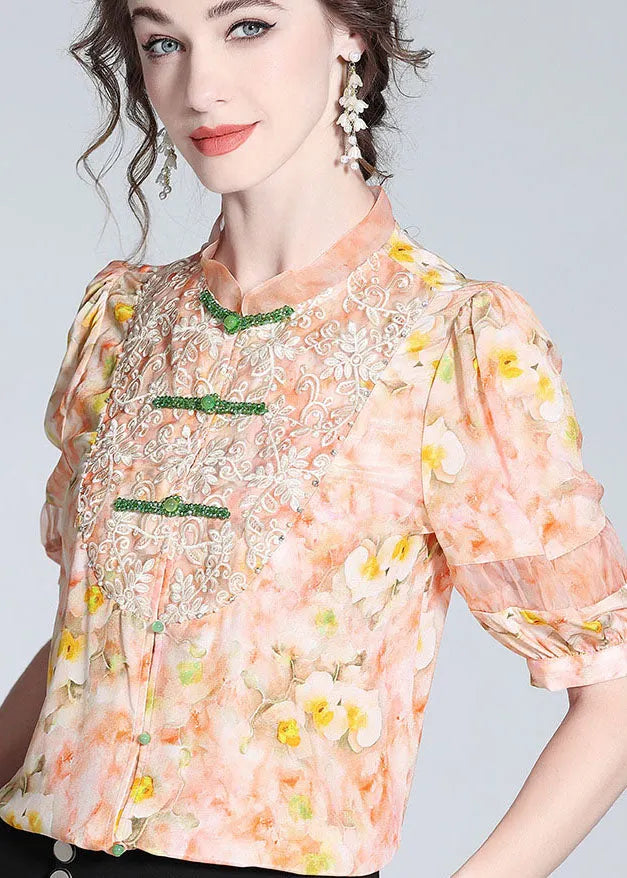 Pink Lace Embroideried Patchwork Silk Blouse Tops Spring