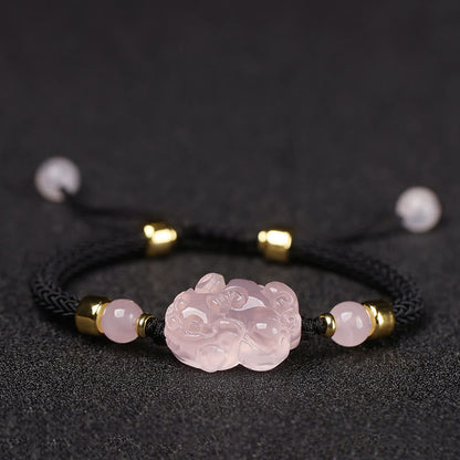 Buddha Stones Pixiu Pink Crystal Wealth String Braided Bracelet