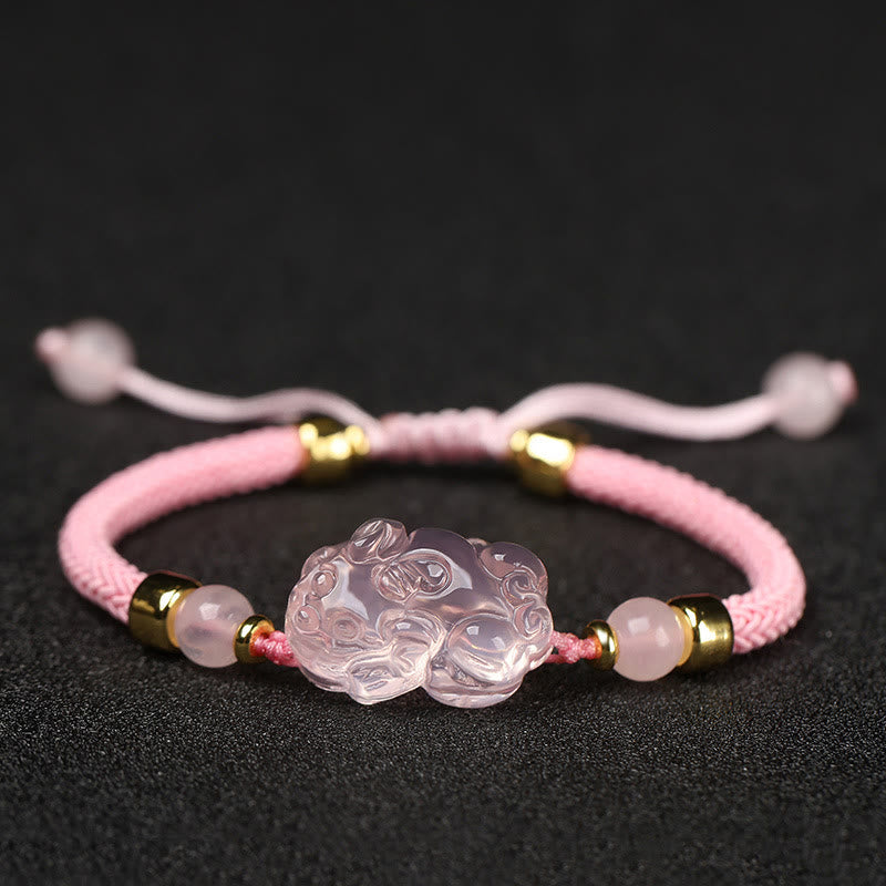 Buddha Stones Pixiu Pink Crystal Wealth String Braided Bracelet