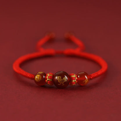 Buddha Stones Handmade Red Agate Chinese Zodiac Red String Braided Protection Bracelet
