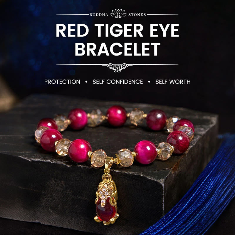 Buddha Stones Red Tiger Eye Pixiu Fox Protection Self Confidence Bracelet