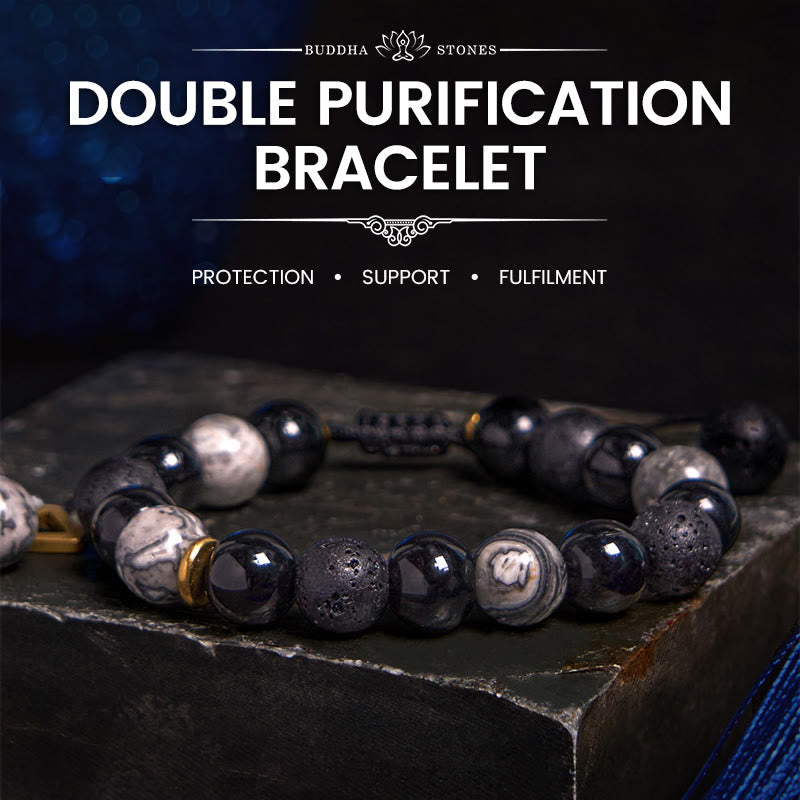 Buddha Stones Black Obsidian Lava Rock Stone Yin Yang Strength Bracelet