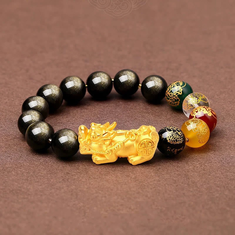 Buddha Stones Natural Gold Sheen Obsidian Pixiu Five Directions Gods of Wealth Protection Bracelet