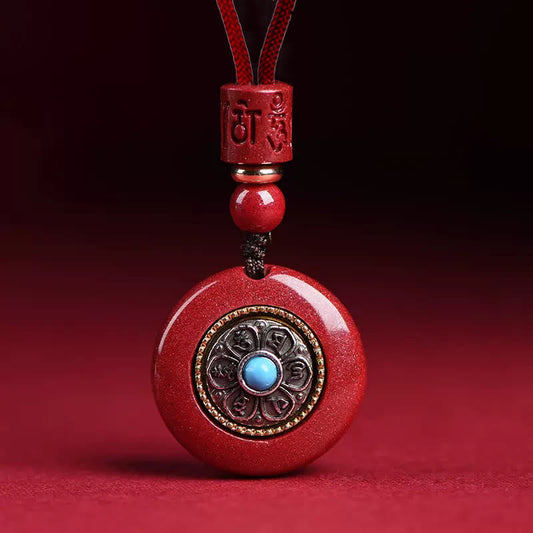 Buddha Stones Natural Cinnabar Six True Words 'om Mani Padme Hum' Braided String Blessing Key Chain Necklace Pendant