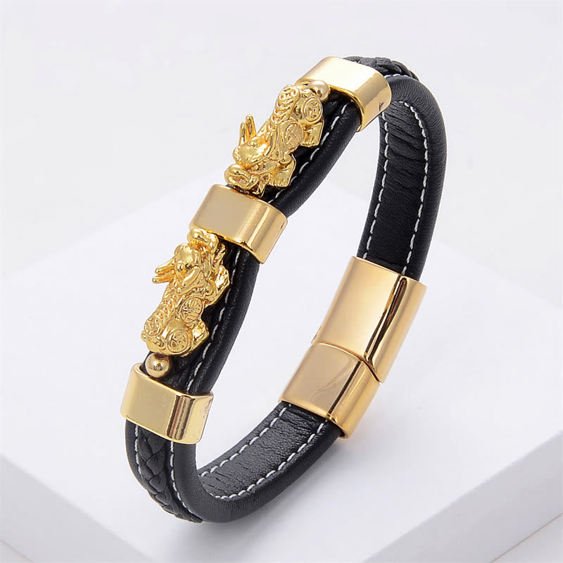 Buddha Stones Double Pixiu Wealth Luck Leather Magnetic Buckle Bracelet