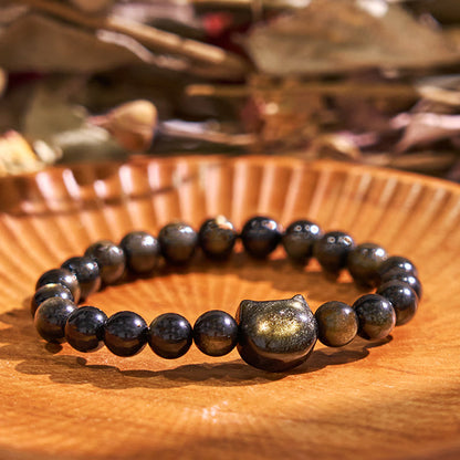 Buddha Stones Gold Sheen Obsidian Silver Sheen Obsidian Paw Lucky Cat Protection Bracelet
