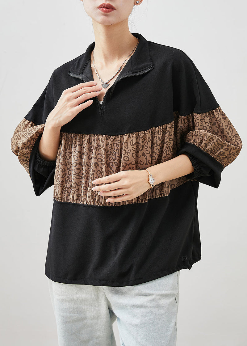 Classy Black Oversized Patchwork Leopard Cotton Sweatshirt Spring