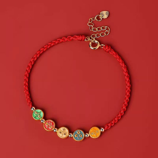Buddha Stones Red String 925 Sterling Silver Five Ways God of Wealth Connection Bracelet