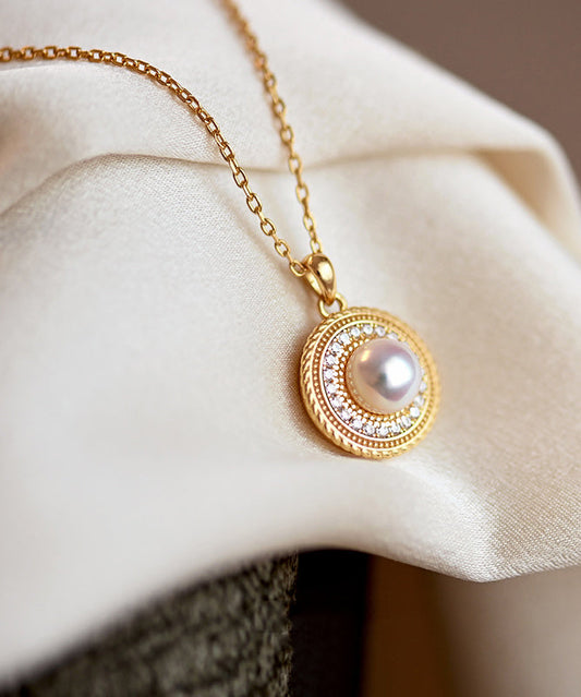 Round Pearl Adjustable Gold Plated Pendant Necklace