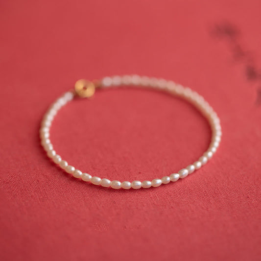 Buddha Stones 2mm Natural Pearl Ultra-thin Beads 14k Gold Plated Copper Wisdom Bracelet