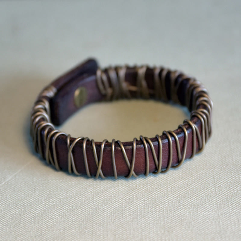 Buddha Stones Leather Copper Brass Wire Wrap Balance Bracelet
