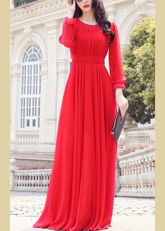 Unique Red O-neck Slim Chiffon Maxi Dress Spring