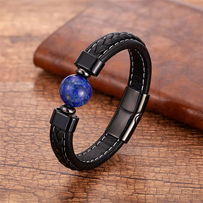 Buddha Stones Lazurite Lapis Lazuli Black Onyx Tiger Eye Lava Rock Om Mani Padme Hum Serenity Leather Bracelet