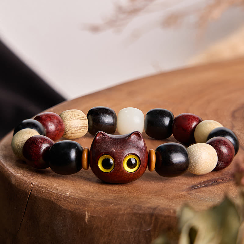 Buddha Stones Small Leaf Red Sandalwood Ebony Wood Cat Engraved Protection Bracelet