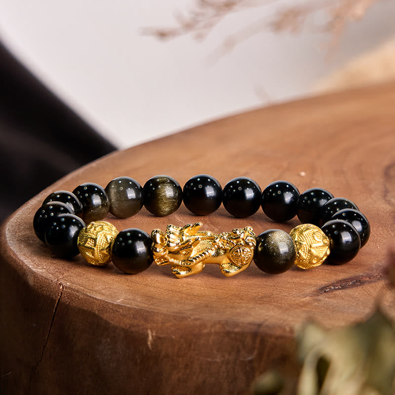 Buddha Stones Natural Gold Sheen Obsidian Pixiu Om Mani Padme Hum Wealth Bracelet