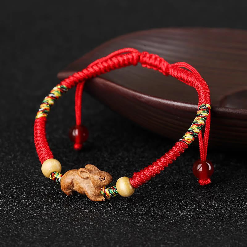 Buddha Stones Handmade Chinese Zodiac Red String Peach Wood Luck Bracelet