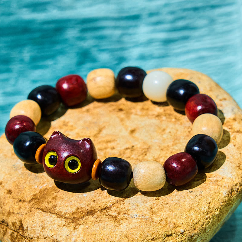 Buddha Stones Small Leaf Red Sandalwood Ebony Wood Cat Engraved Protection Bracelet