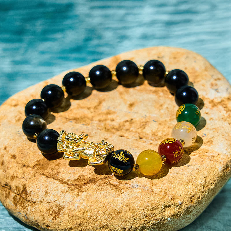 Buddha Stones Natural Gold Sheen Obsidian Pixiu Five Directions Gods of Wealth Protection Bracelet