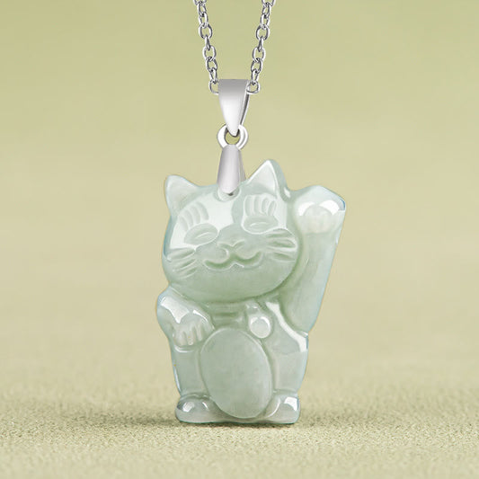 Buddha Stones Jade Fortune Cat Prosperity Titanium Steel Necklace Pendant
