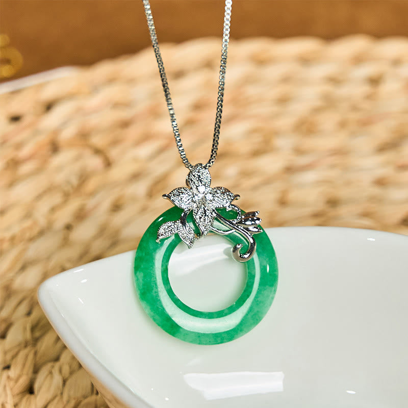 Buddha Stones Cyan Jade Peace Buckle Alloy Flower Healing Luck Necklace Pendant