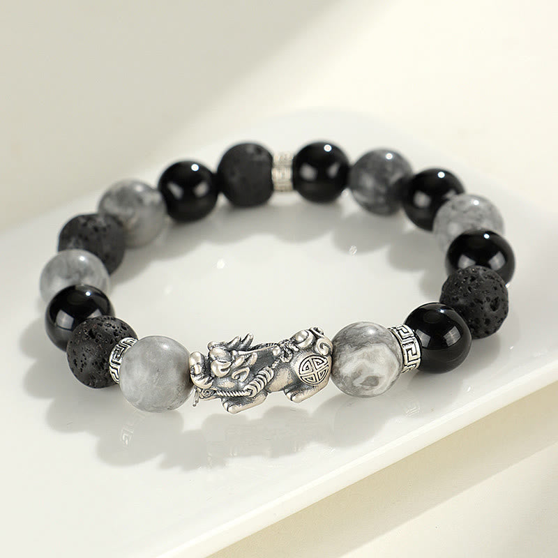 Buddha Stones 999 Sterling Silver Pixiu Black Onyx Grey Jasper Lava Rock Protection Bracelet