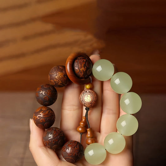Buddha Stones Sappan Wood Engraving Pixiu Fu Character Cure Bracelet