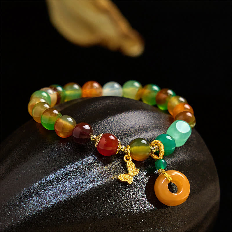 Buddha Stones Natural Colorful Peacock Agate Butterfly Peace Buckle Lily of the Valley Support Bracelet