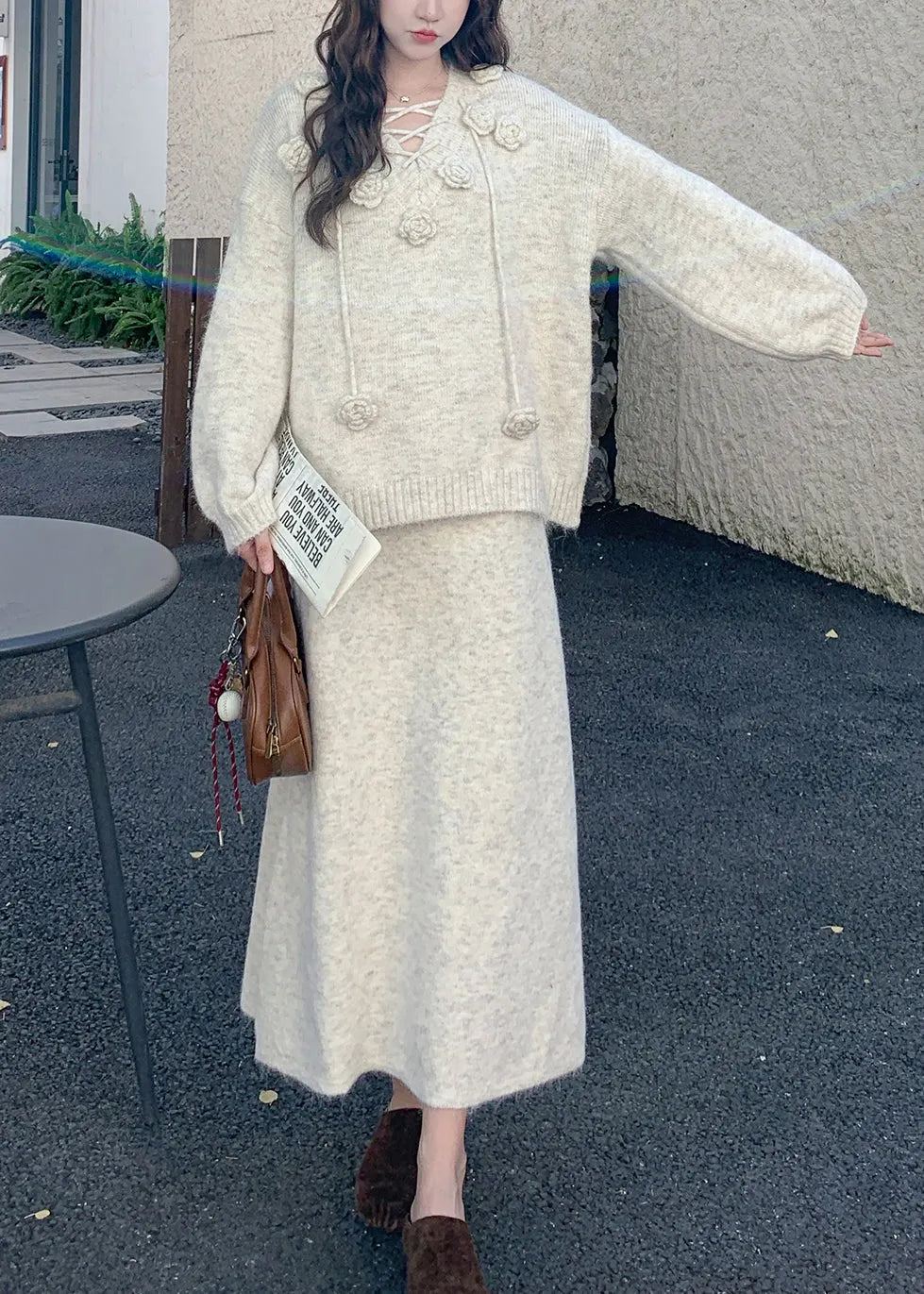 Apricot Lace Up Cozy Knit Winter Two Pieces Set V Neck