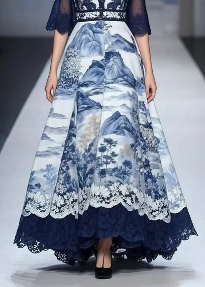 Navy Print Exra Large Hem Chiffon Vestidos Dress Summer