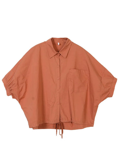 Yellow Peter Pan Collar Drawstring Pocket Cotton Shirt Top Short Sleeve