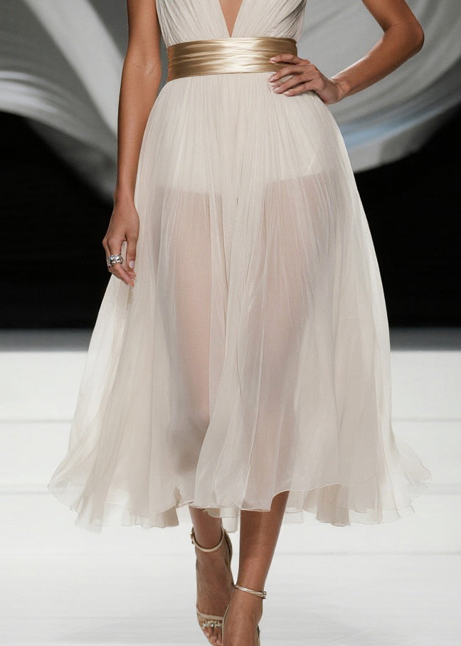 Simple White Deep-v Neck Tulle Tunic Beach Dress Summer