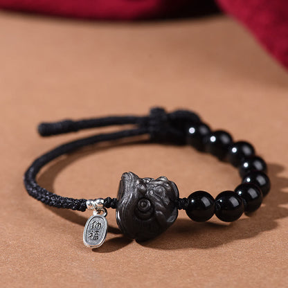 Buddha Stones Black Obsidian Silver Sheen Obsidian Cat Dancing Lion Strength Bracelet