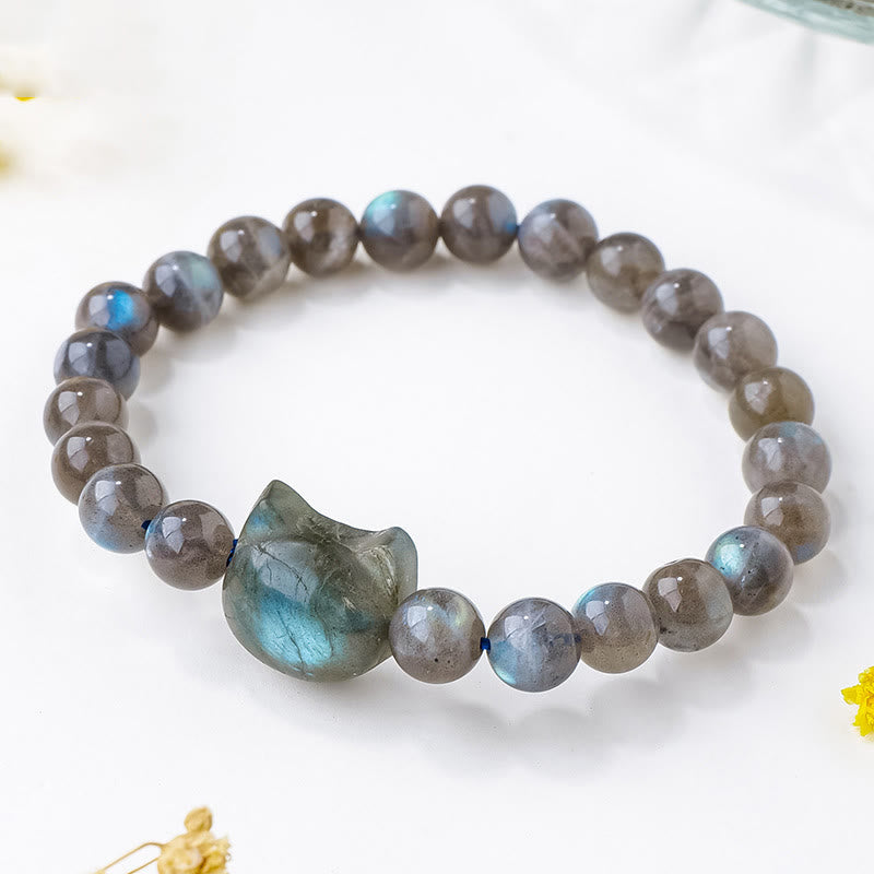 Buddha Stones Natural Labradorite Cat Head Healing Change Bracelet