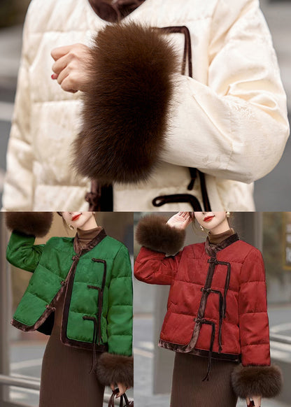 Red Mandarin Collar Patchwork Duck Down Puffer Coat Winter