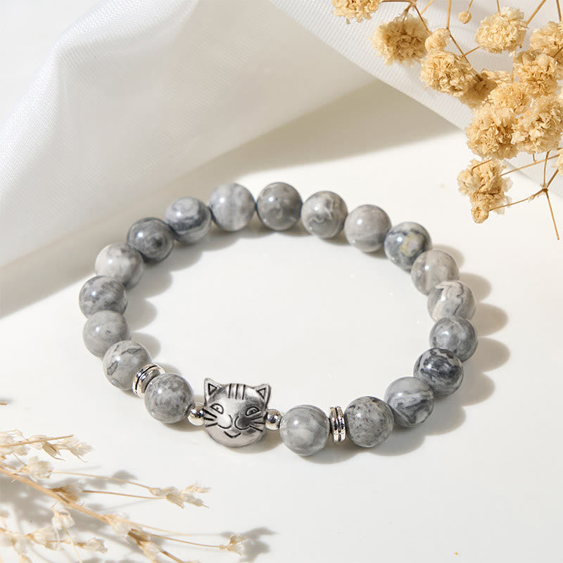 Buddha Stones Cat Natural Grey Jasper Bead Healing Bracelet