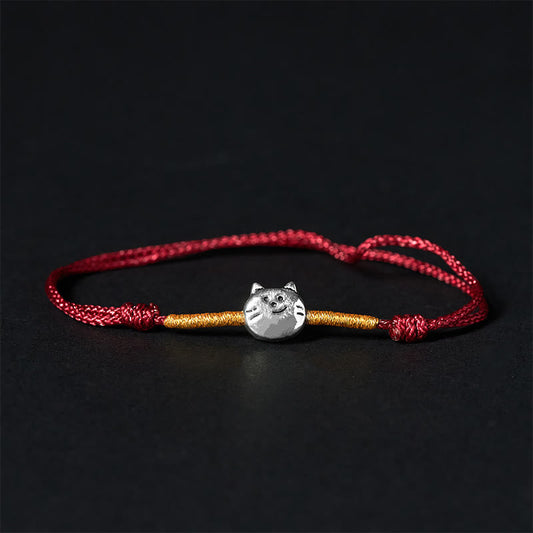 Buddha Stones 925 Sterling Silver Cat Red String Braided Bracelet
