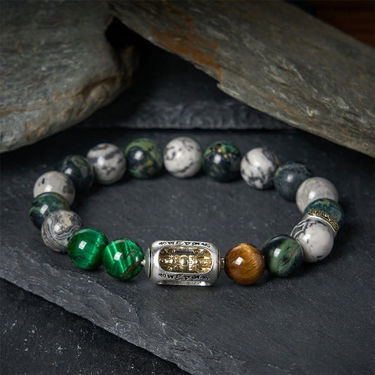 Buddha Stones Natural Grey Jasper Kambamba Jasper Tiger Eye Om Mani Padme Hum Protection Bracelet
