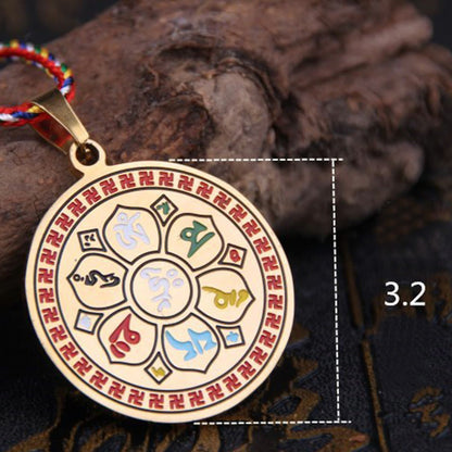 Buddha Stones Colorful Om Mani Padme Hum Titanium Steel Protection Rope Necklace Pendant