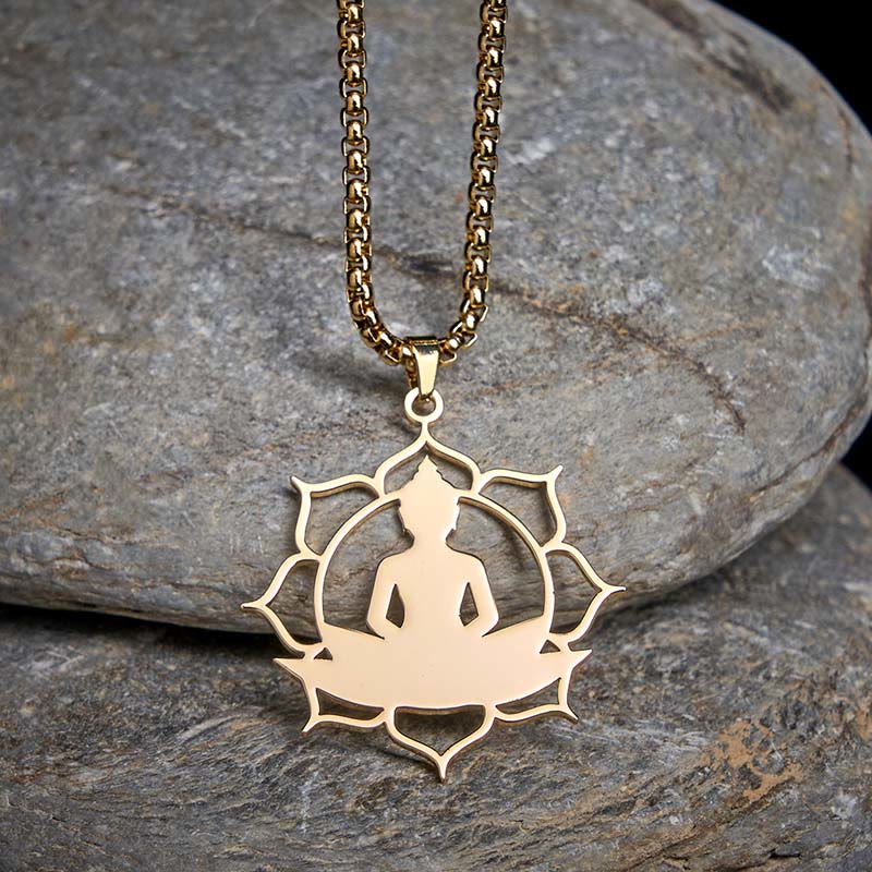 Buddha Stones Lotus Sitting Buddha Design Stainless Steel Enlightenment Necklace Pendant