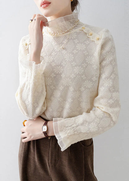 Apricot Stand Collar Jacquard Lace Shirt Top Spring
