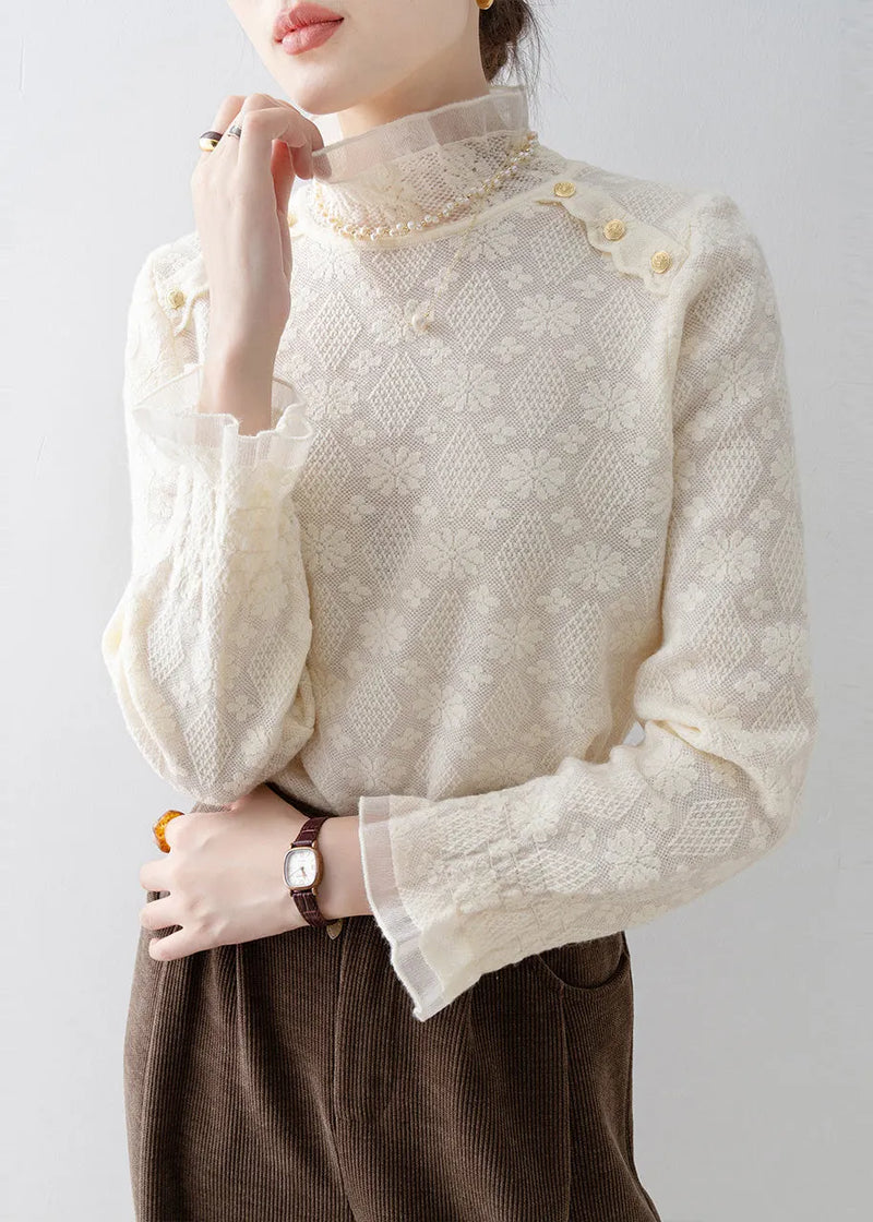 Apricot Stand Collar Jacquard Lace Shirt Top Spring
