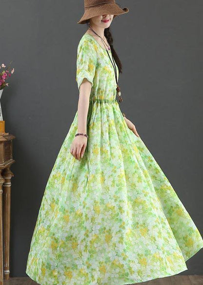 Green Print Linen Tie Waist Summer Dress